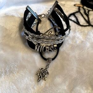 Silver black fox fur velvet bracelet, nurse charms